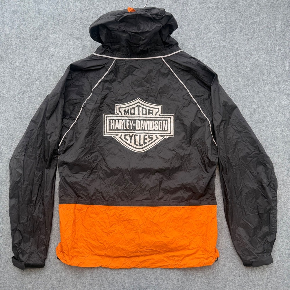 Harley Davidson Riding Gear Mens Large Rain Jacket Black Orange Logo Windbreaker